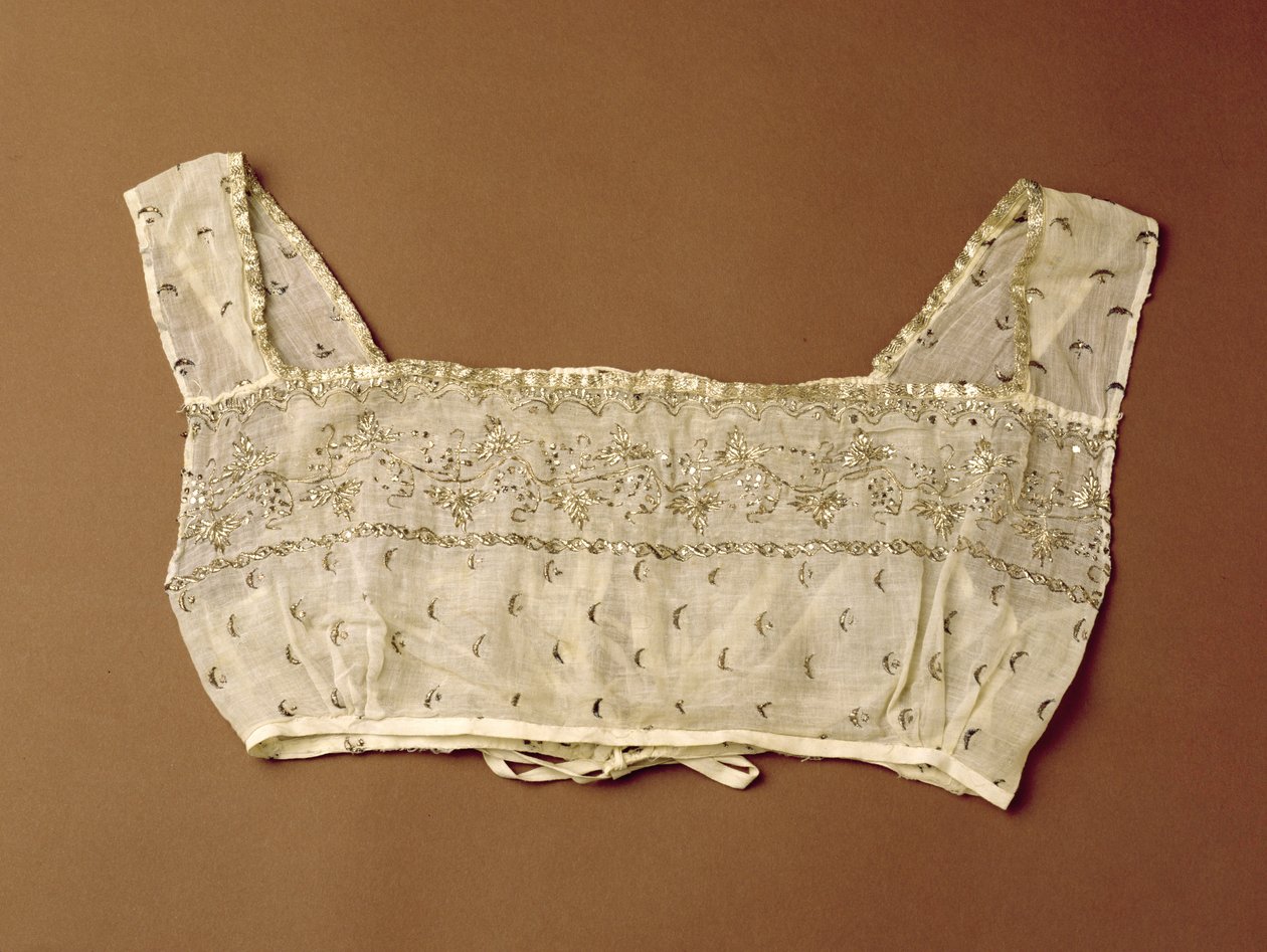Gorset haftowany spłaszczonym srebrnym drucikiem, ok.1805-10 (muślin) autorstwa Indian School