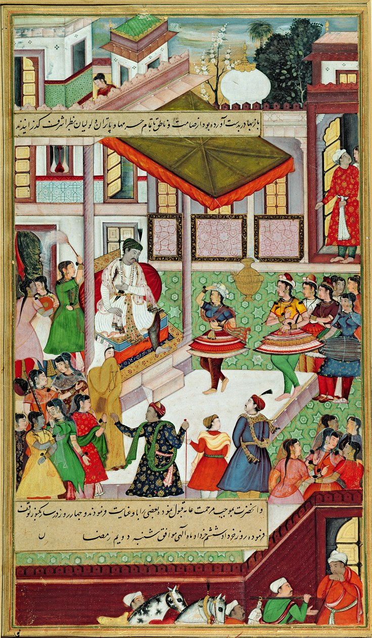 Tańczące dziewczęta zabrane z pałacu Baz Bahadur w Malwa, wykonujące taniec Kathak przed Akbarem, z „Akbarnama”, Mogołów, 1561 autorstwa Indian School