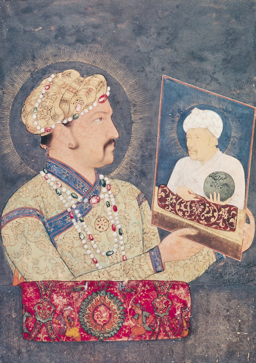 Cesarz Jahangir (1569-1627) trzymający portret cesarza Akbara (1542-1605) autorstwa Indian School