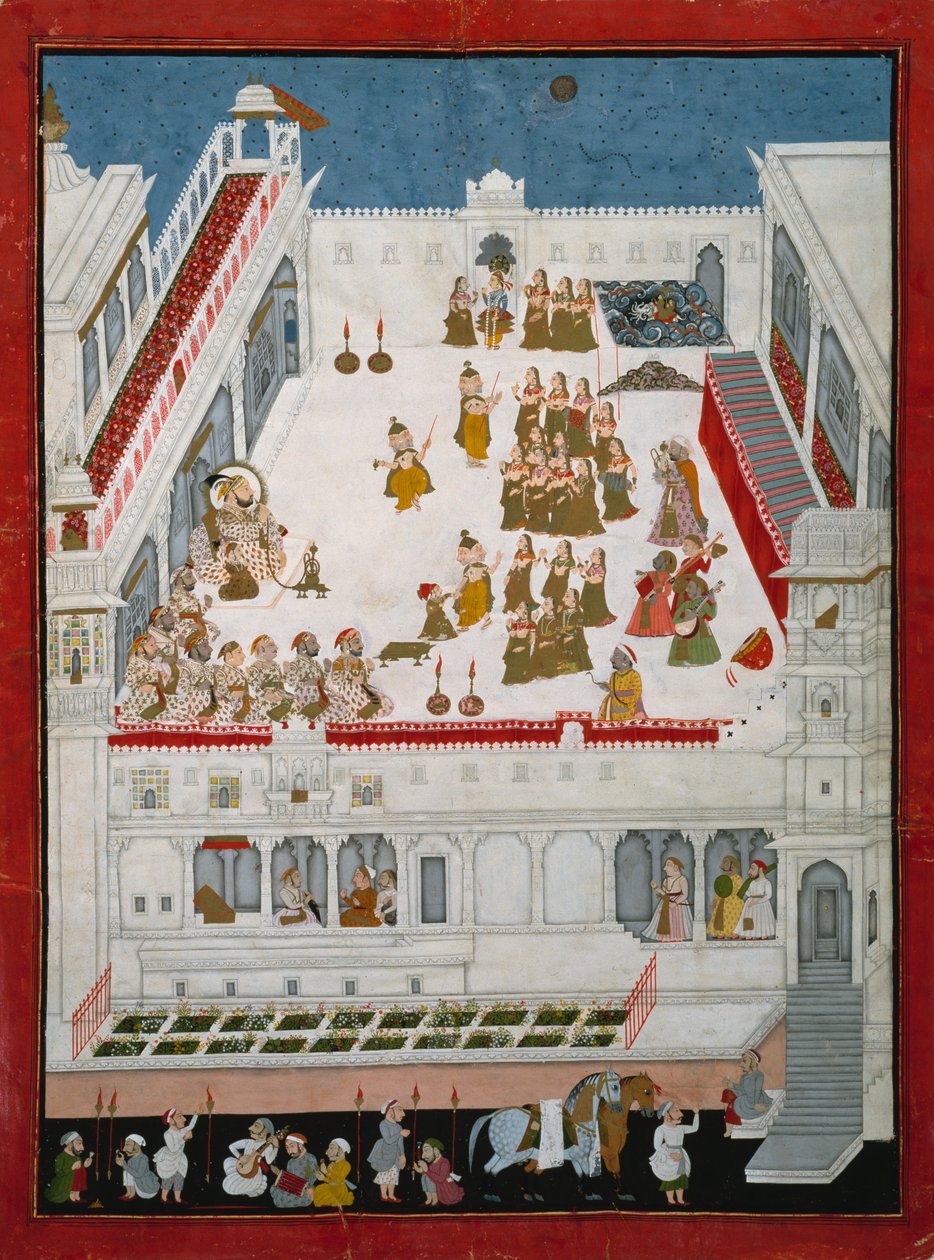 Maharana Jagat Singh II i Nobles oglądający dramaty taneczne Raslila, ok. 1736-40 (nieprzezroczysta toaleta i złoto na papierze) autorstwa Indian School