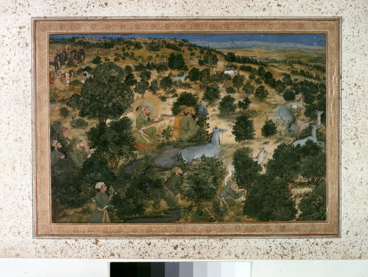AURANGZEB: Awrangzib Hunts Nilgais, ok. 1660 (miniatura) autorstwa Indian School