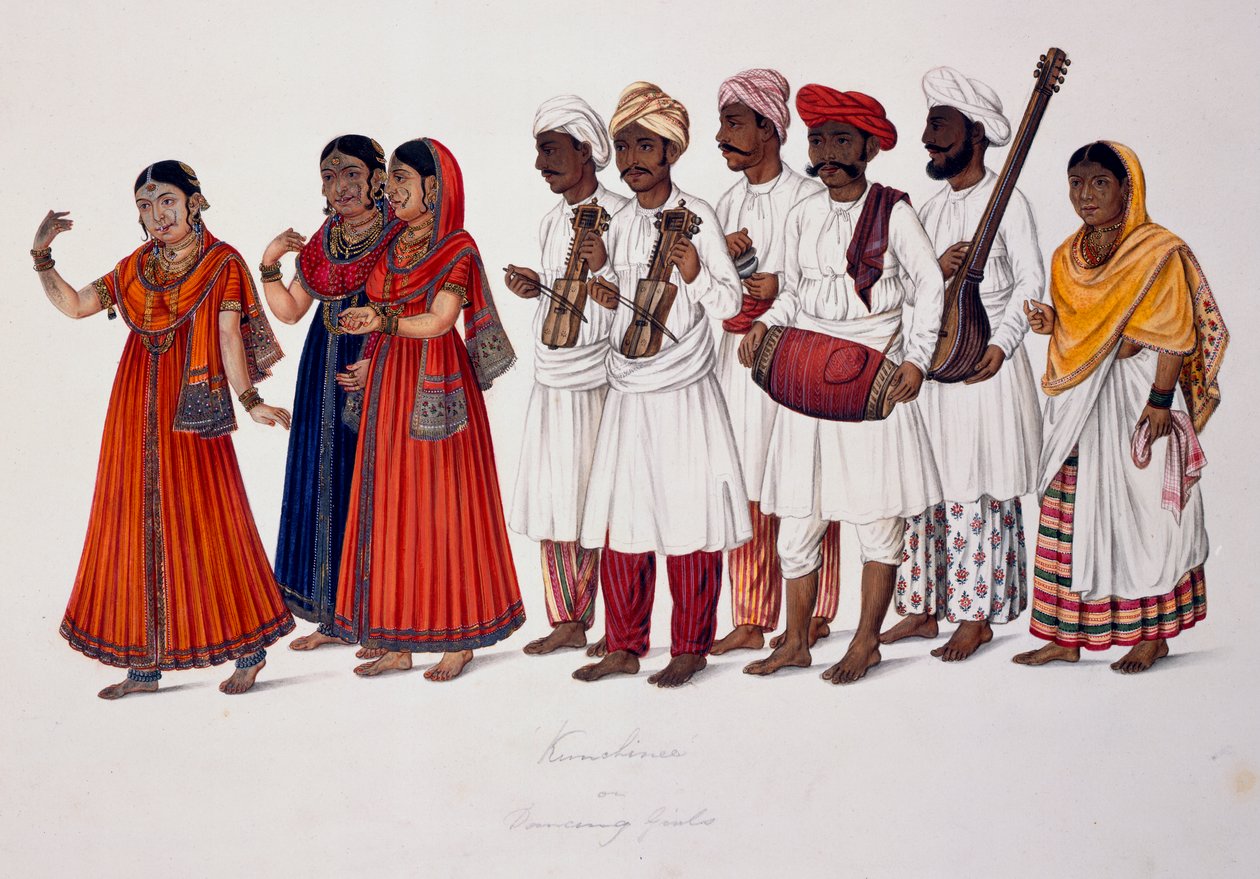 Tańczące dziewczęta i muzycy, ok.1828 (kolor lito) autorstwa Indian School