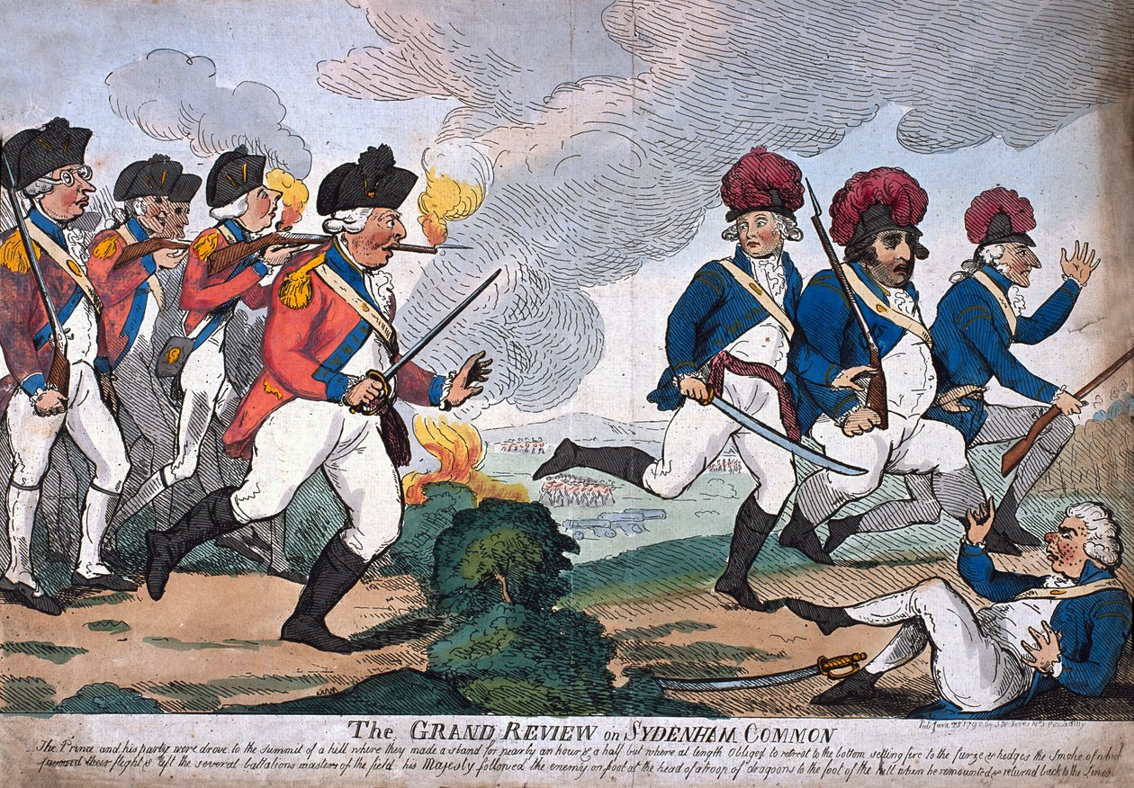 „The Grand Review on Sydenham Common” (kolorowa akwaforta) autorstwa Isaac Cruikshank