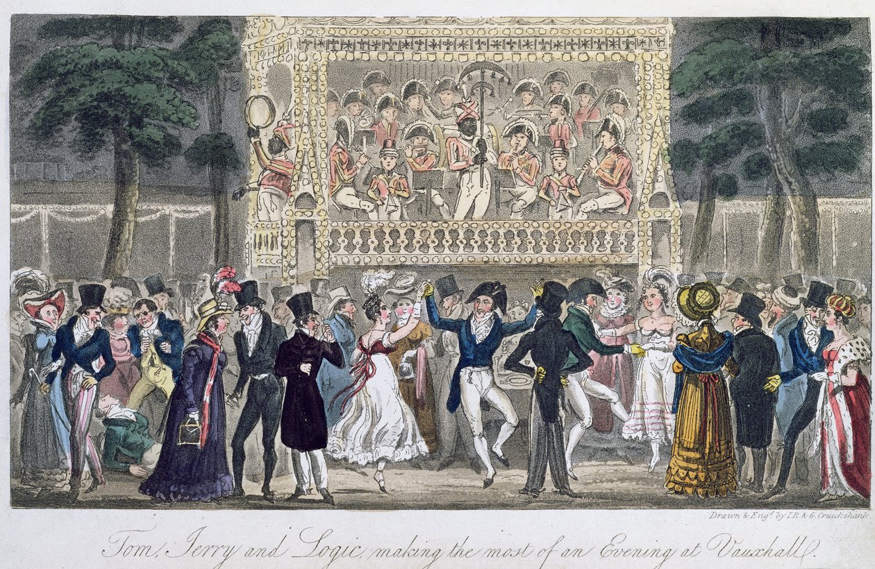 Tom, Jerry i Logic maksymalnie wykorzystają wieczór w Vauxhall, z „Life in London” Pierce Egan, 1821 (kolorowy akwatinta) autorstwa Isaac, Robert and George Cruikshank