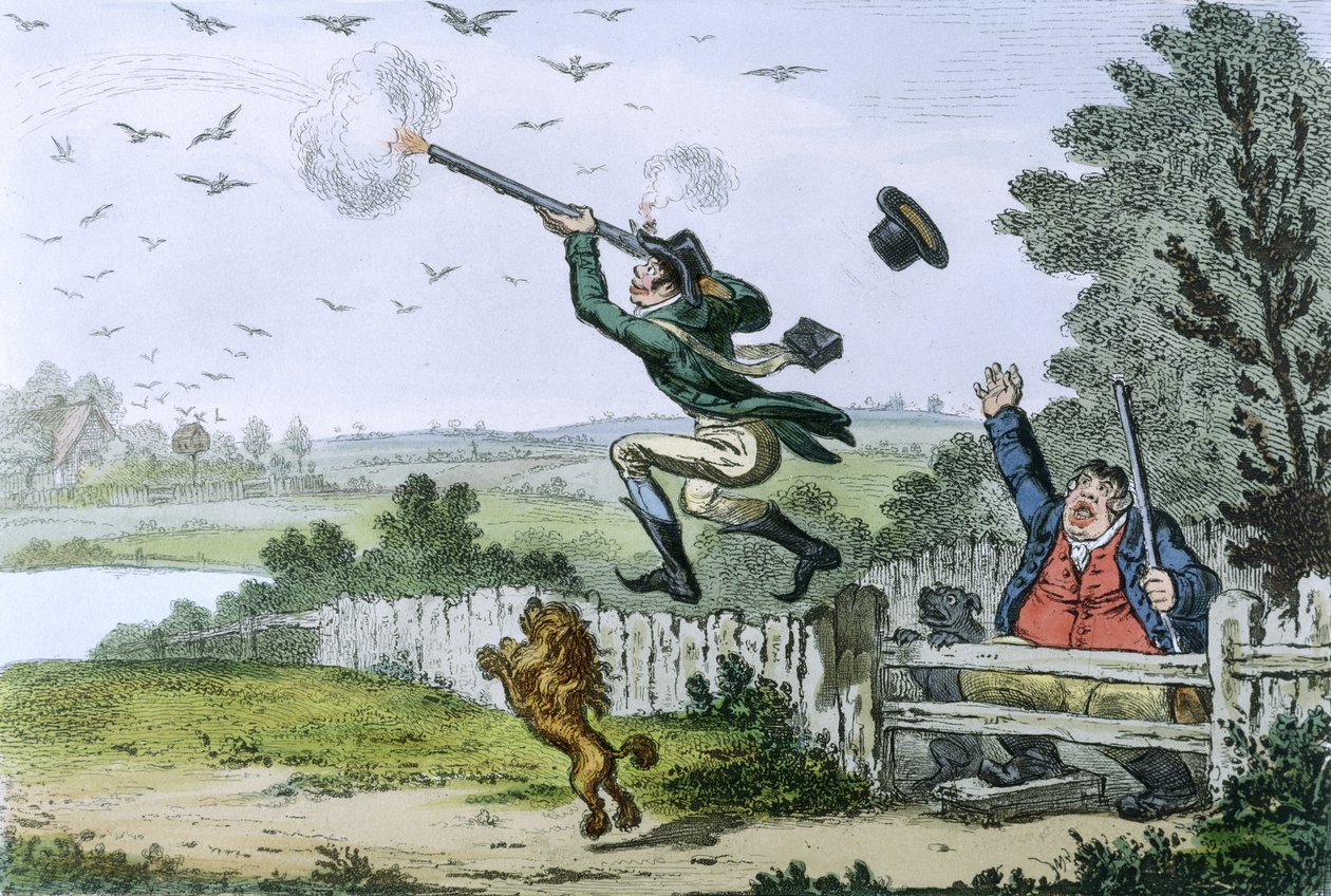 Cockney Sportsmen: Shooting Flying, grawerowane przez Jamesa Gillraya (1757-1815) 1800 (akwaforta ręcznie kolorowana) autorstwa Isaac Robert Cruikshank
