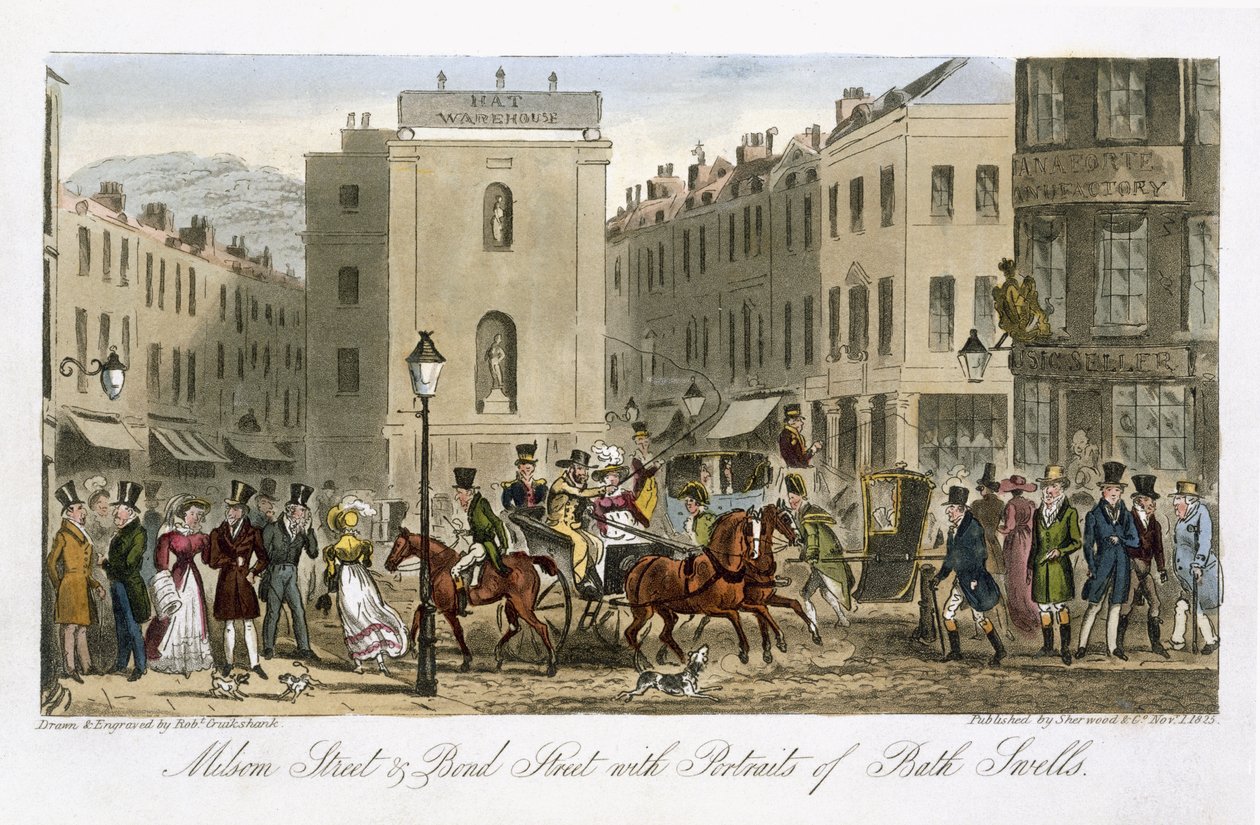 Milsom Street und Bond Street z portretami Bath Swells z „Angielskiego szpiega” Charlesa Molloya Westmacotta (1788-1868) opublikowanego w Londynie, 1825 autorstwa Isaac Robert Cruikshank