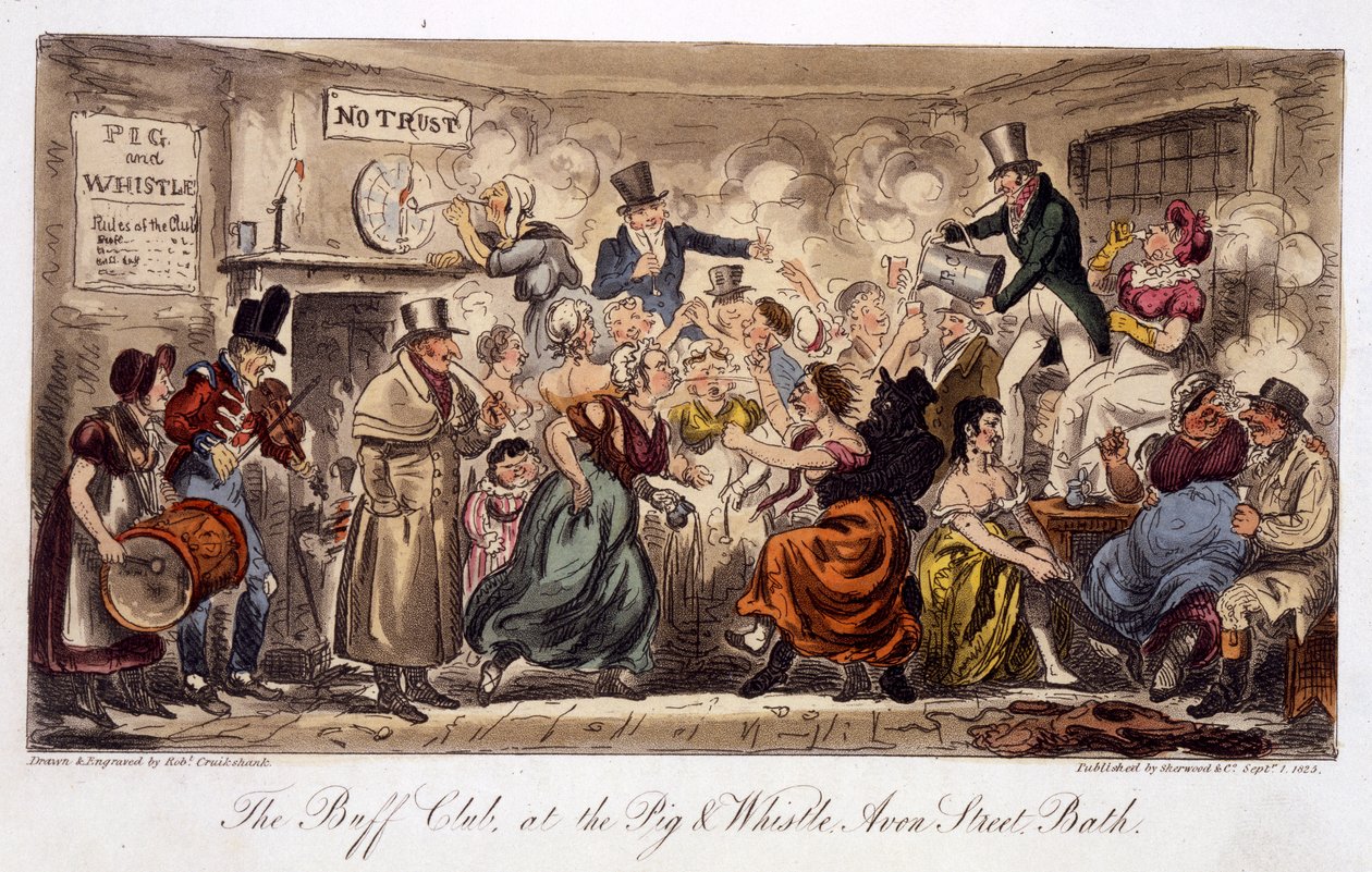 The Buff Club at the Pig and Whistle, Avon Street, Bath, z The English Spy, wyd. Londyn, 1825 (akwatinta ręcznie kolorowana) autorstwa Isaac Robert Cruikshank