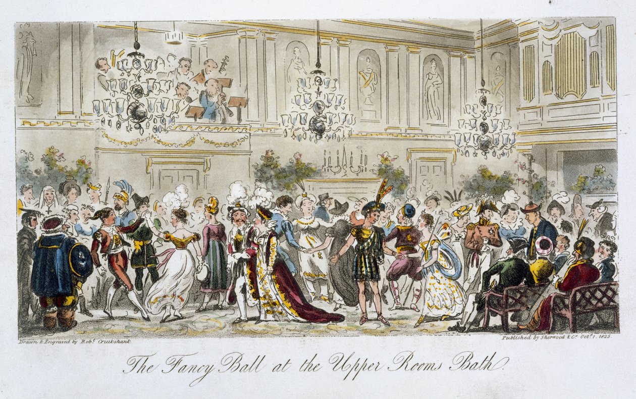 The Fancy Ball at the Upper Rooms, Bath, z „The English Spy”, autorstwa Charlesa Molloya Westmacotta (1788-1868) opublikowanego w Londynie, 1825 autorstwa Isaac Robert Cruikshank