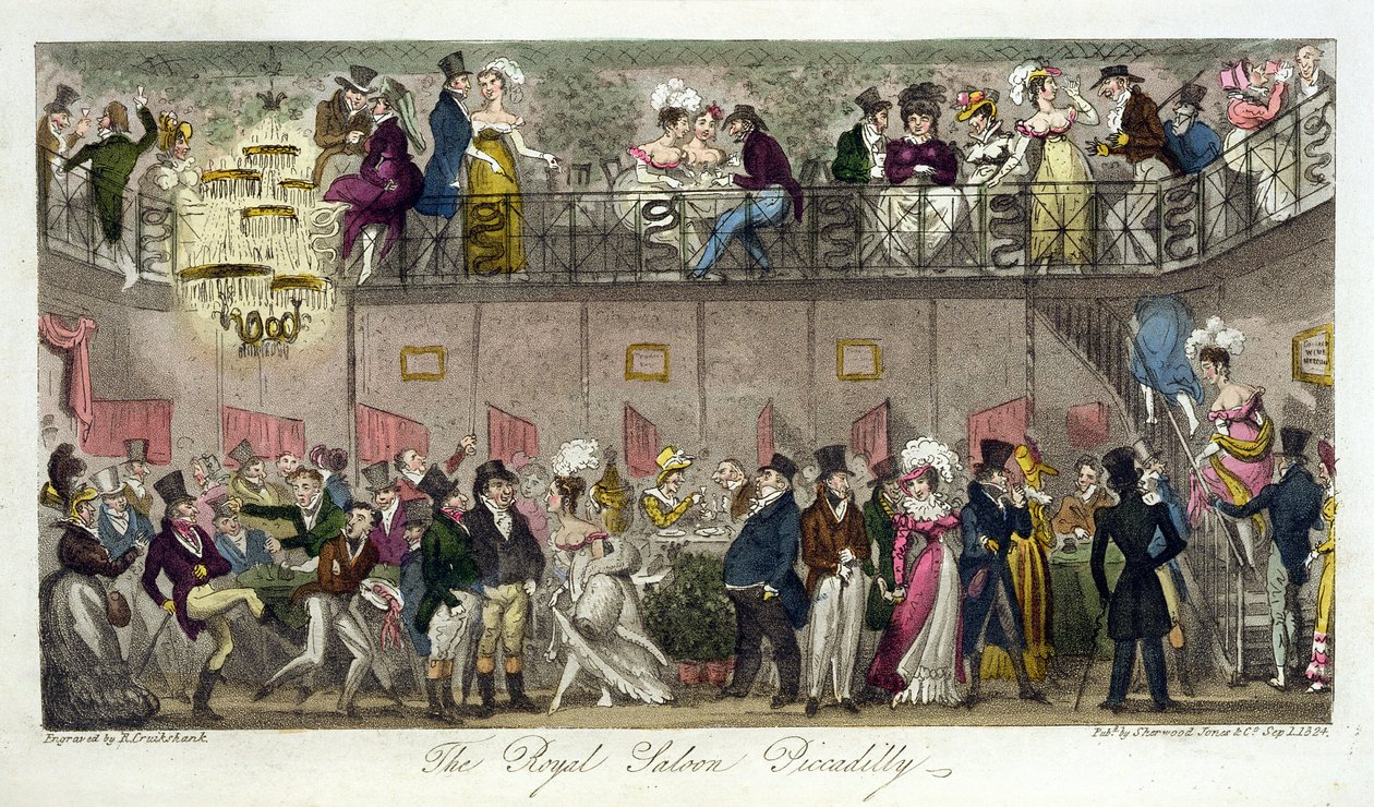 The Royal Saloon, Piccadilly, z "The English Spy" wydanego w 1824 r. autorstwa Isaac Robert Cruikshank