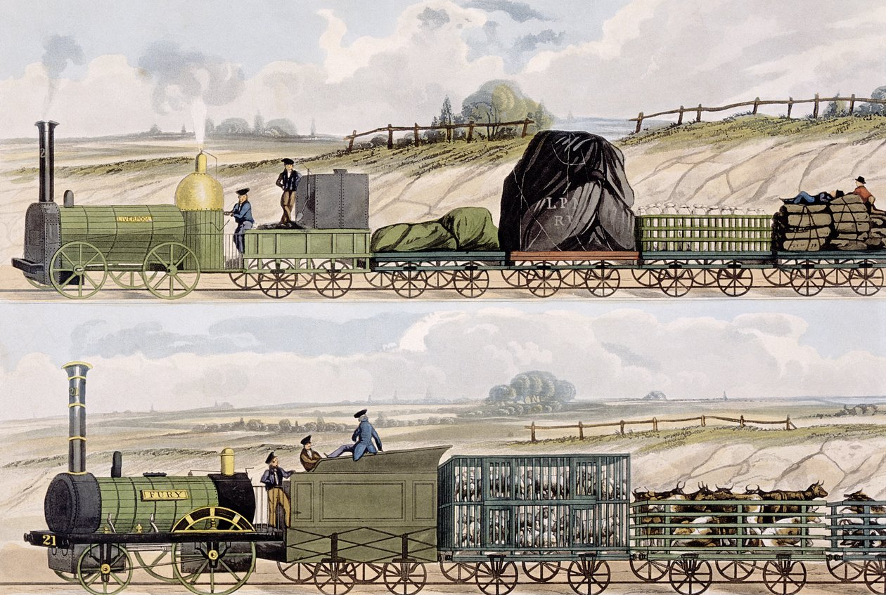 Pociąg z wagonami (u góry) i pociąg z bydłem, owcami i świniami (u dołu) z "Coloured View of the Liverpool und Manchester Railway", rycina S.G. Hughesa, wydana przez Ackermann und Co., Londyn, 18323 r. autorstwa Isaac Shaw