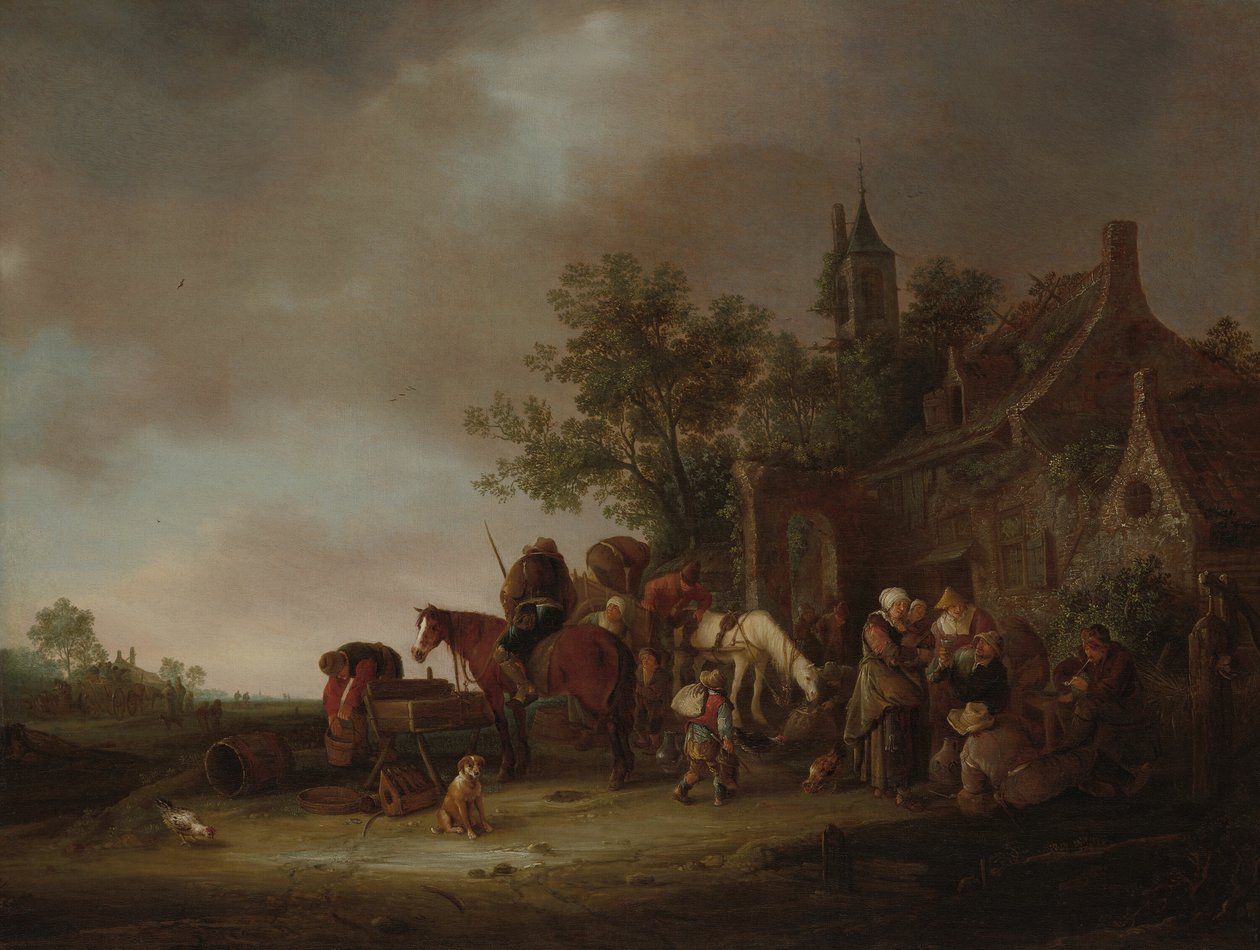 Podróżni zatrzymujący się w gospodzie autorstwa Isaac van Ostade