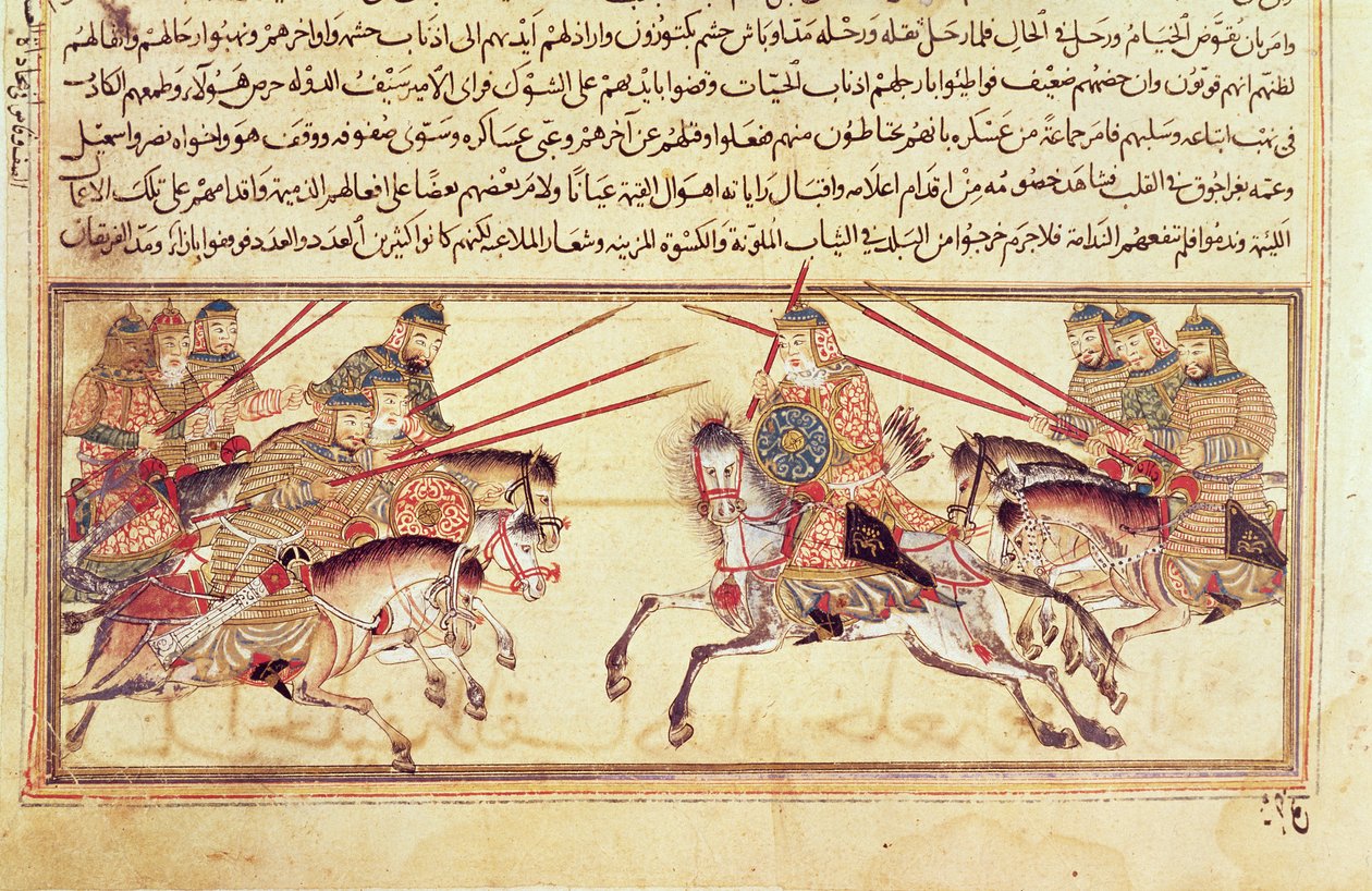 Bitwa między plemionami mongolskimi, prawdopodobnie z „Jami” al-Tawarikh” Raszida al-Din, ok. 1307 (wellum) autorstwa Islamic School