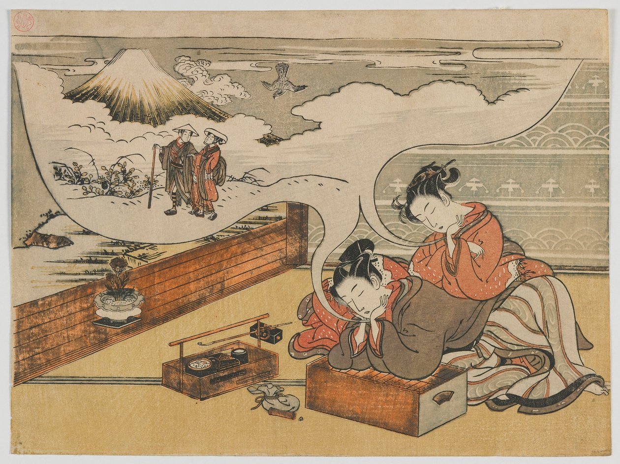 Sen o spacerze w pobliżu Fuji, okres Edo, 1770-73 (kolorowy drzeworyt) autorstwa Isoda Koryusai