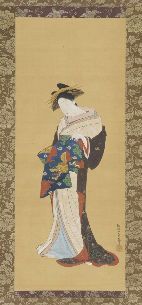 Oiran, okres Edo (kolor i złoto na jedwabiu) autorstwa Isoda Koryusai
