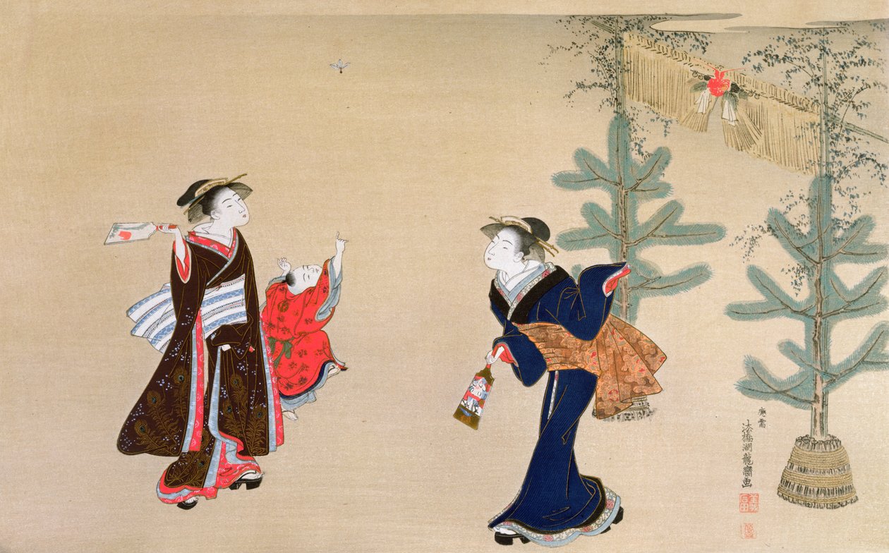 „Gra noworoczna”, ilustracja w magazynie „Kokka”, 1898-99 autorstwa Isoda Koryusai