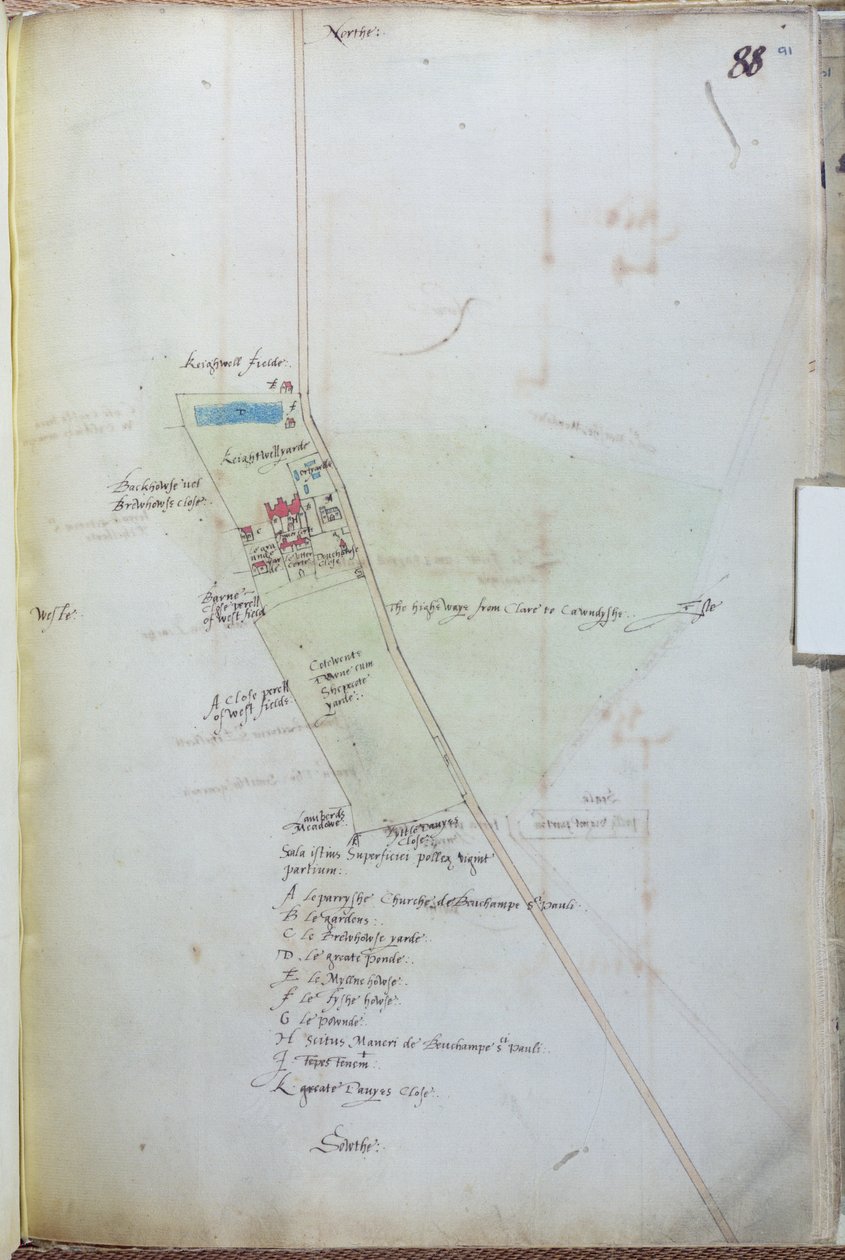 Ms 255171 fol.88 Mapa wsi Belchamp St. Paul, 1576 pióro, tusz i wc na papierze autorstwa Israel Amyce