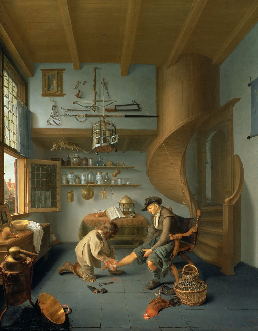 Fryzjer opiekujący się chłopską nogą, ok. 1650 (panel) autorstwa Issac Koedyck