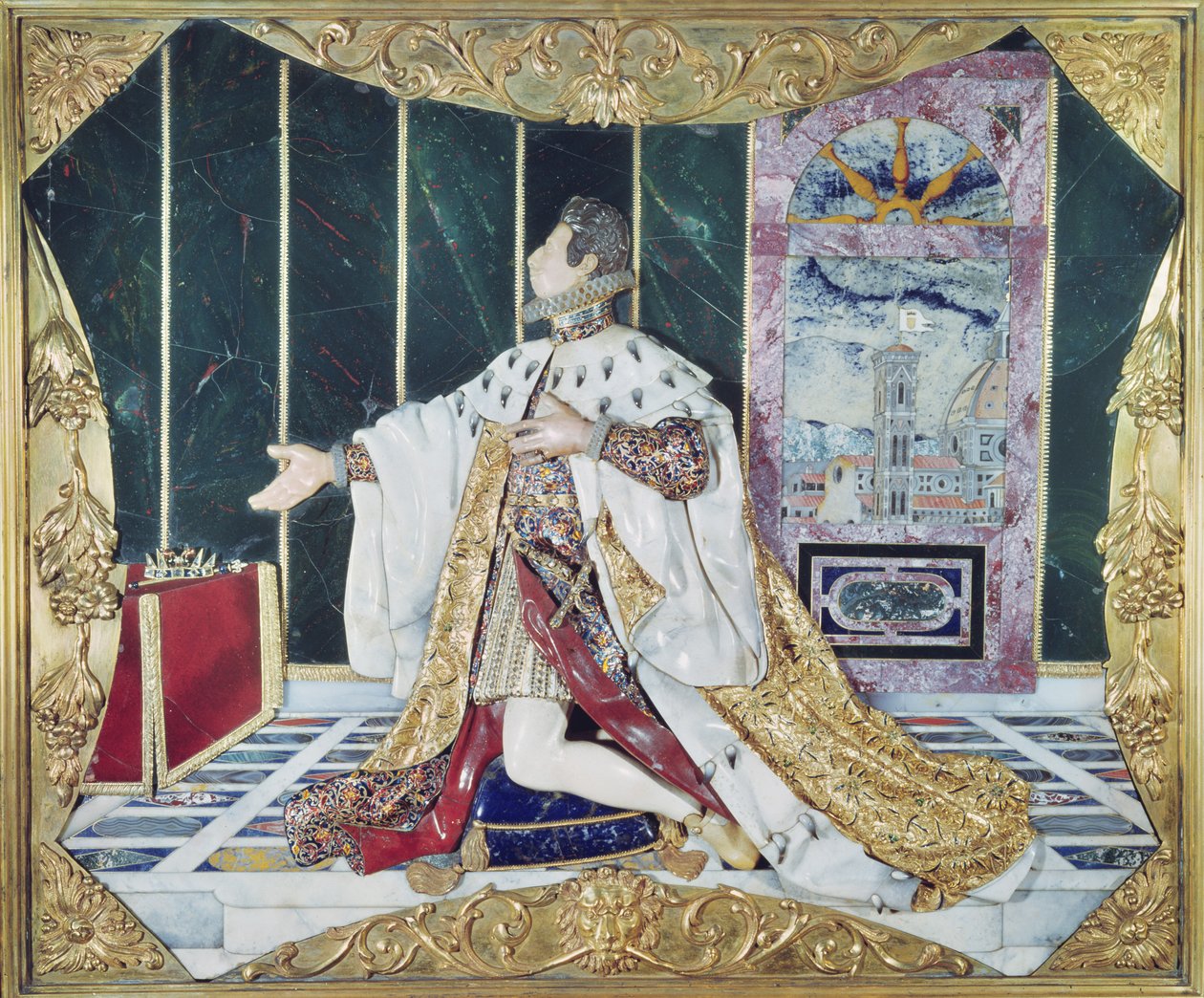 Ex-voto, 1617-24 (pietra dura, emalia, klejnoty i złocona rama z brązu) autorstwa Italian School