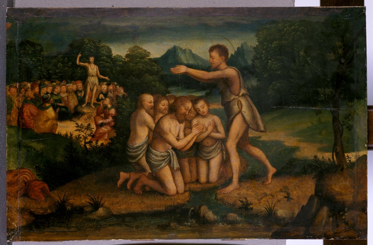Głoszenie i chrzest św. Jana (tempera na drewnie) autorstwa Italian School