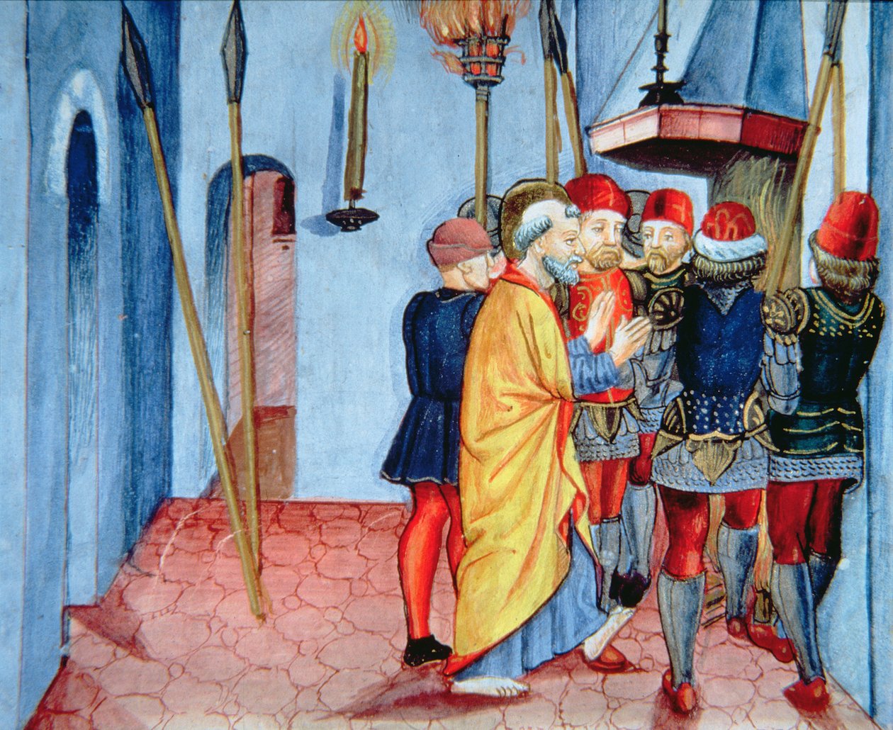 Fol.107v Piotr zapiera się Chrystusa (welum) autorstwa Italian School