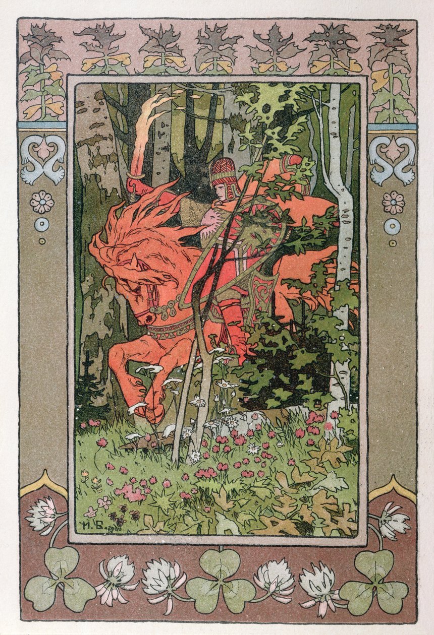 Czerwony jeździec, epizod z rosyjskiej bajki "Wasilisa Piękna", 1900 r. autorstwa Ivan Yakovlevich Bilibin