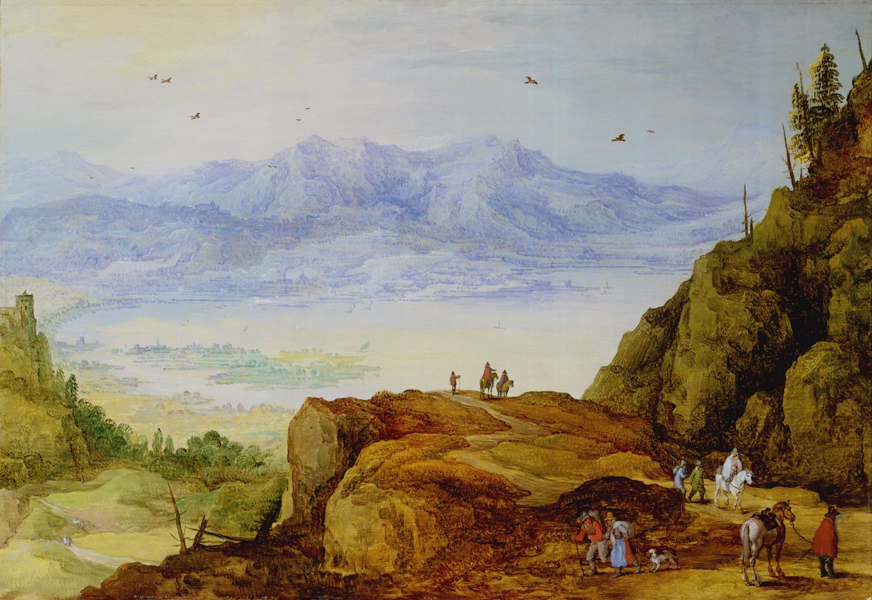 Rozległy krajobraz górski z jeziorem autorstwa J. and Momper, J. de Brueghel