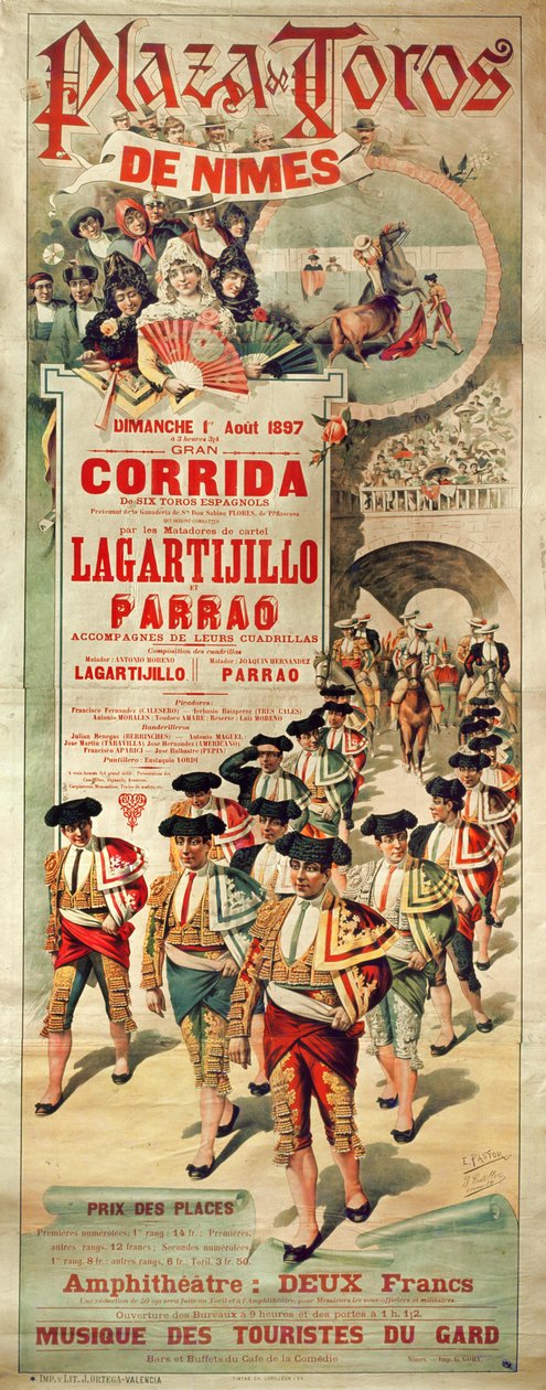 Plakat reklamujący walkę byków na Plaza de Toros, Nimes, 1 sierpnia 1897, grawerowany przez J. Ortegę autorstwa J. and Pastor, E. Estellor