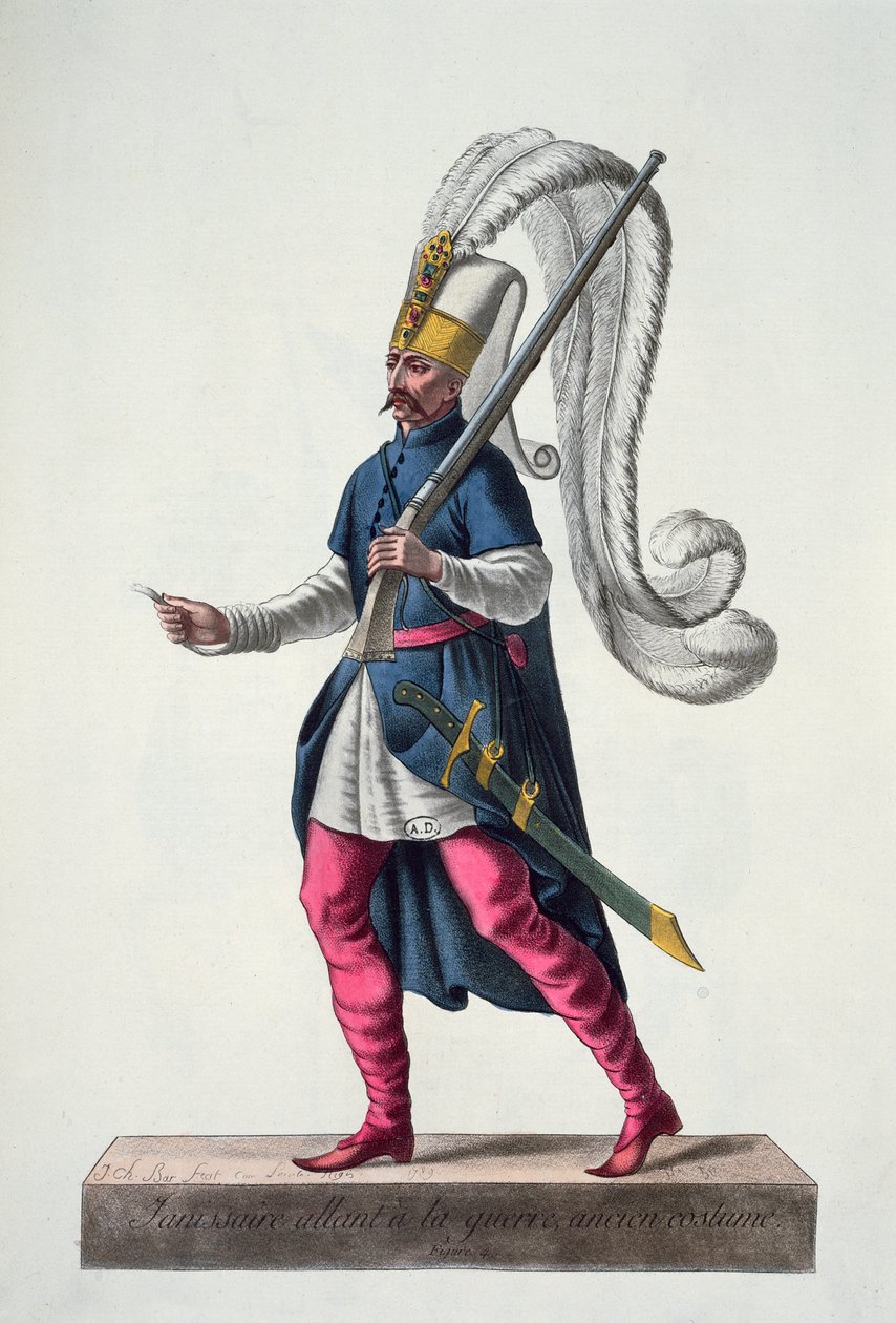 Turecki janczar idący na wojnę w stroju z XVI wieku, z Recueil de Tous les Costumes des Orders Religieux et Militaires, 1789 (kolorowa grawerunek) autorstwa J. C. Bar