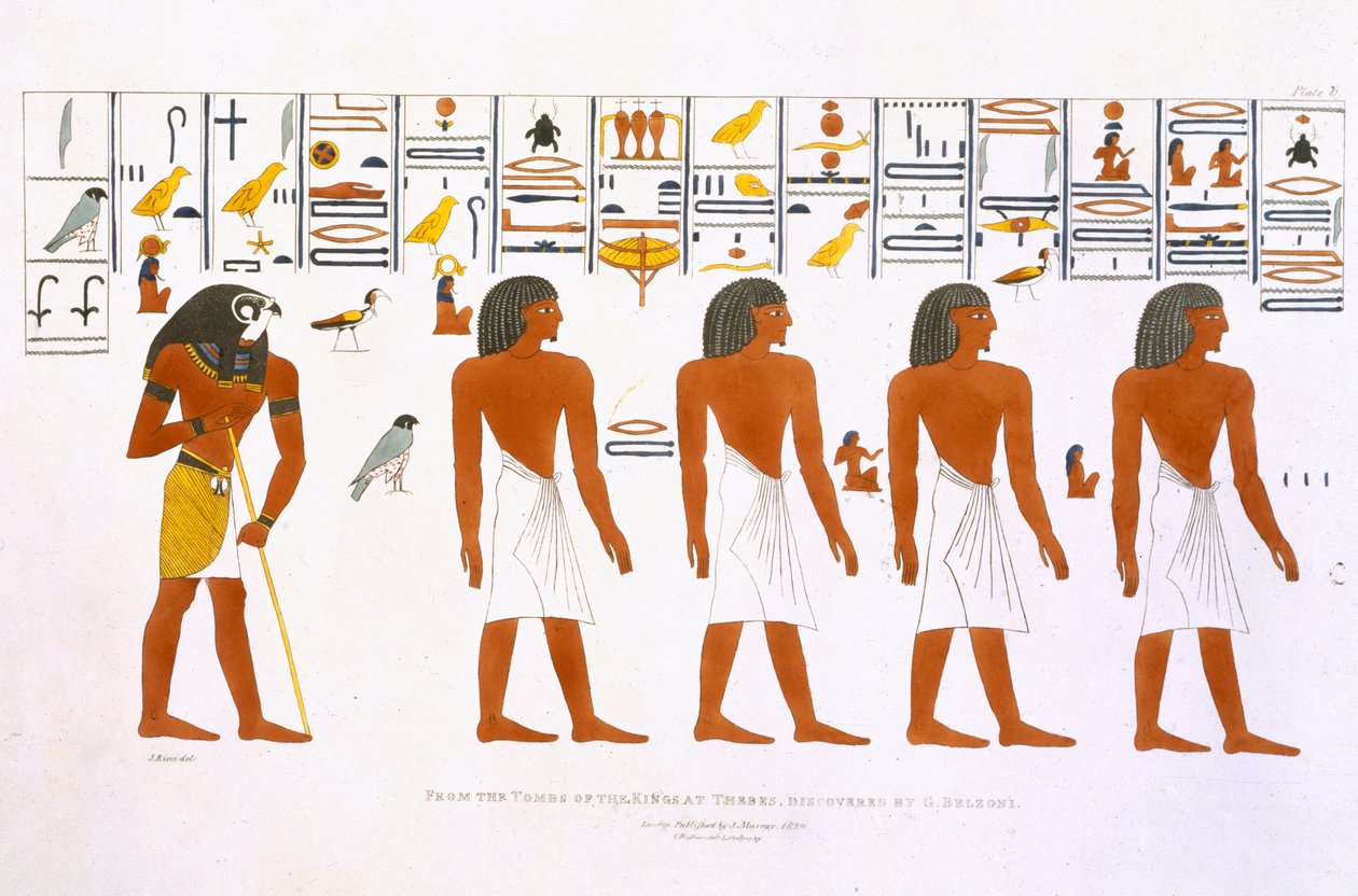 Freski z Grobowców Królów w Tebach, odkryte przez G. Belzoniego, tablica 6 z `Plates Illustrative of the Researches in Egypt and Nubia`, rytowane przez Charlesa Hullmandela (1789-1850) 1820-22 (lit. autorstwa J. Ricci