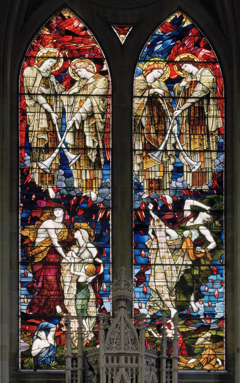 Jesmond, St George, Gateshead Stained Glass Co, JW Brown TR Spence, East Window, Sąd Ostateczny, 1888 autorstwa J. W. and Spence Brown