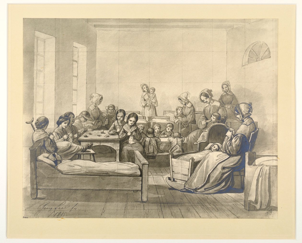 Kinder-Kranken-Saal, scena oddziału z dziećmi i diakonisami w Kaiserswerth, 1845 r. autorstwa J.B. Sonderland