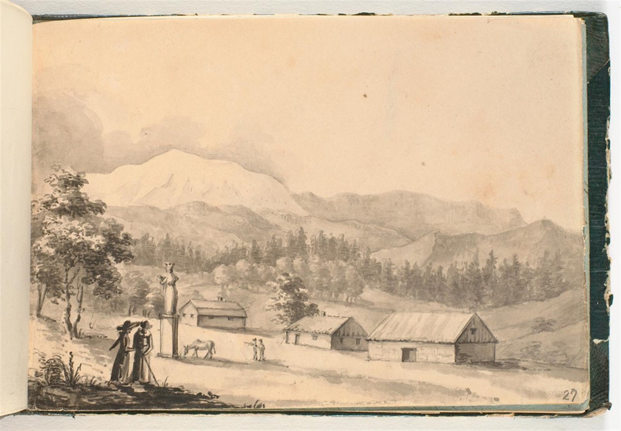 Górski krajobraz z ludźmi i domami autorstwa Johan Christian Dahl
