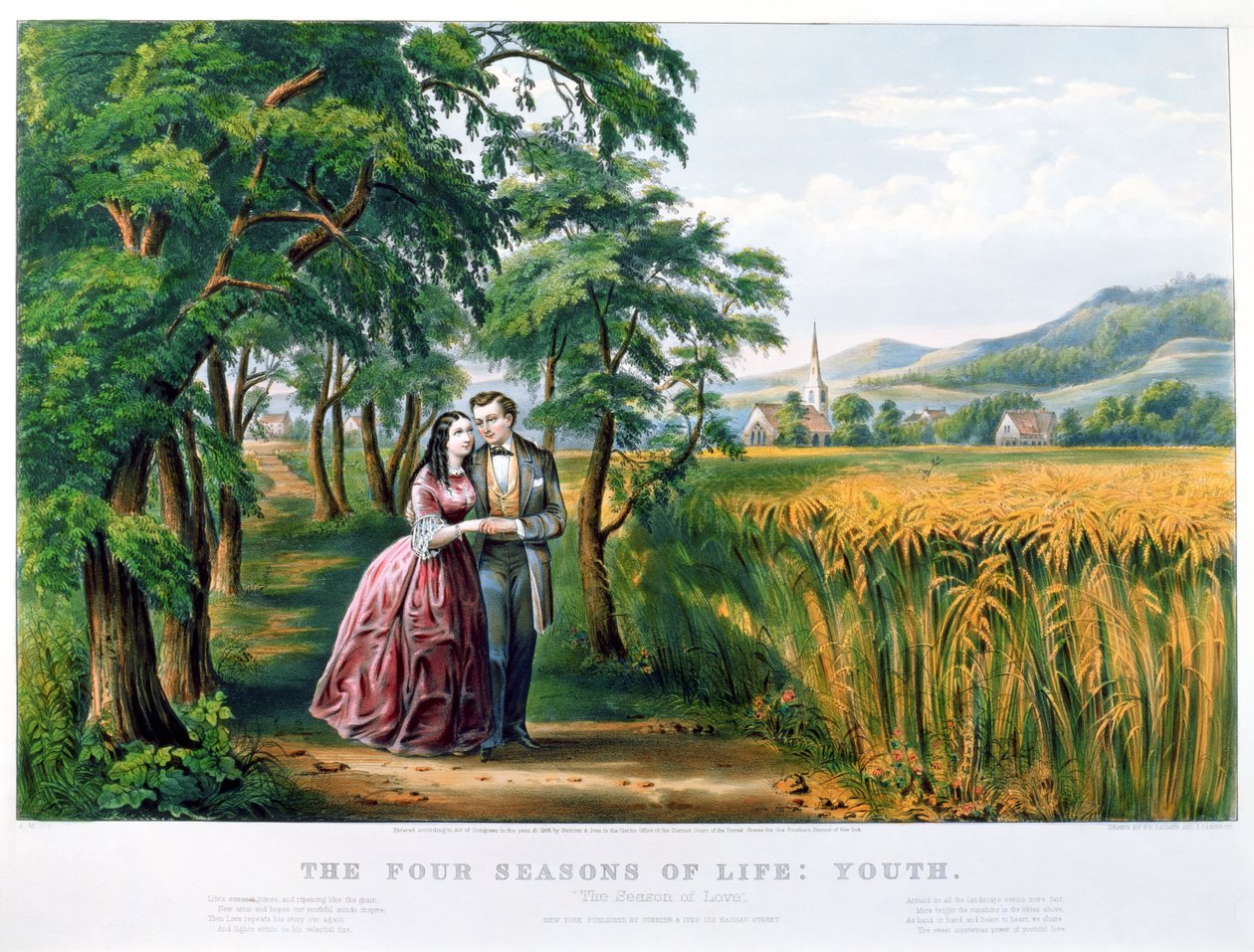 Cztery pory roku życia: młodość, „Pora miłości”, sztych. Parsons i Atwater, wyd. przez Currier i Ives, Nowy Jork, 1868 (patrz 87970, 87966) autorstwa N. and Ives, J.M. Currier