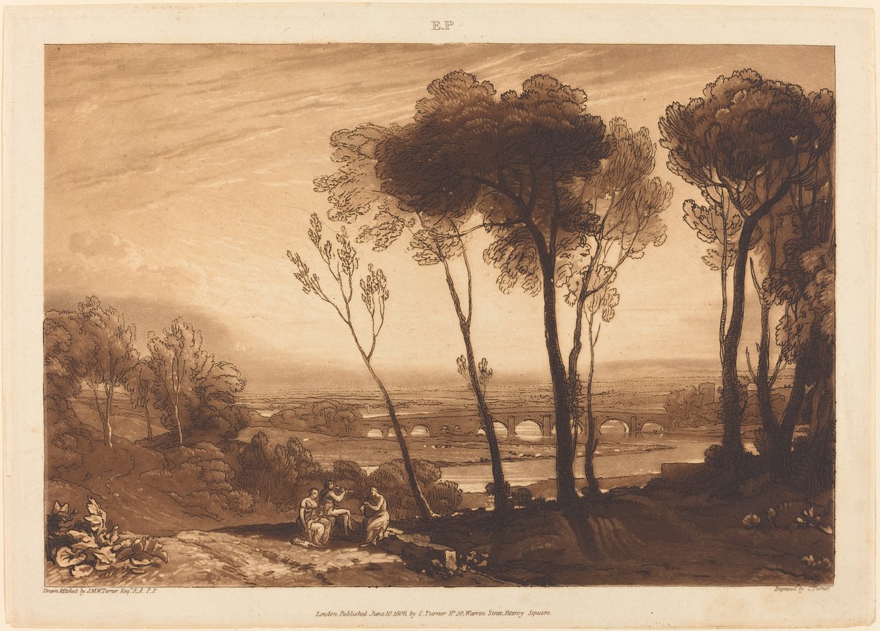 The Bridge in Middle Distance, opublikowana w 1808 roku. autorstwa Joseph Mallord William Turner