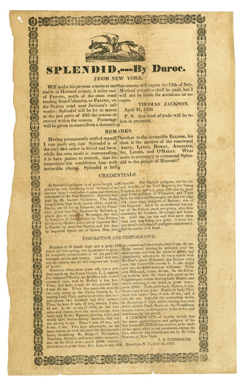Certyfikowany przez Duroc, Brooklyn, Nowy Jork, 3 lipca 1832 r. autorstwa J.S. Sneddacer