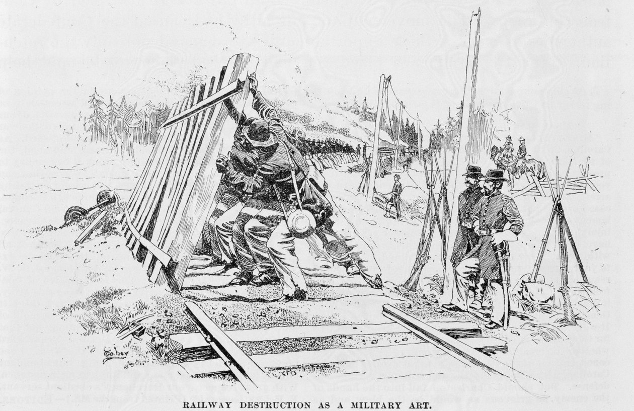 Zniszczenie kolei jako sztuka militarna, ilustracja z „Battles and Leaders of the Civil War”, zredagowanej przez Roberta Underwooda Johnsona i Clarence Clough Buel rail; utwory; demontaż; Praca autorstwa W. Taber