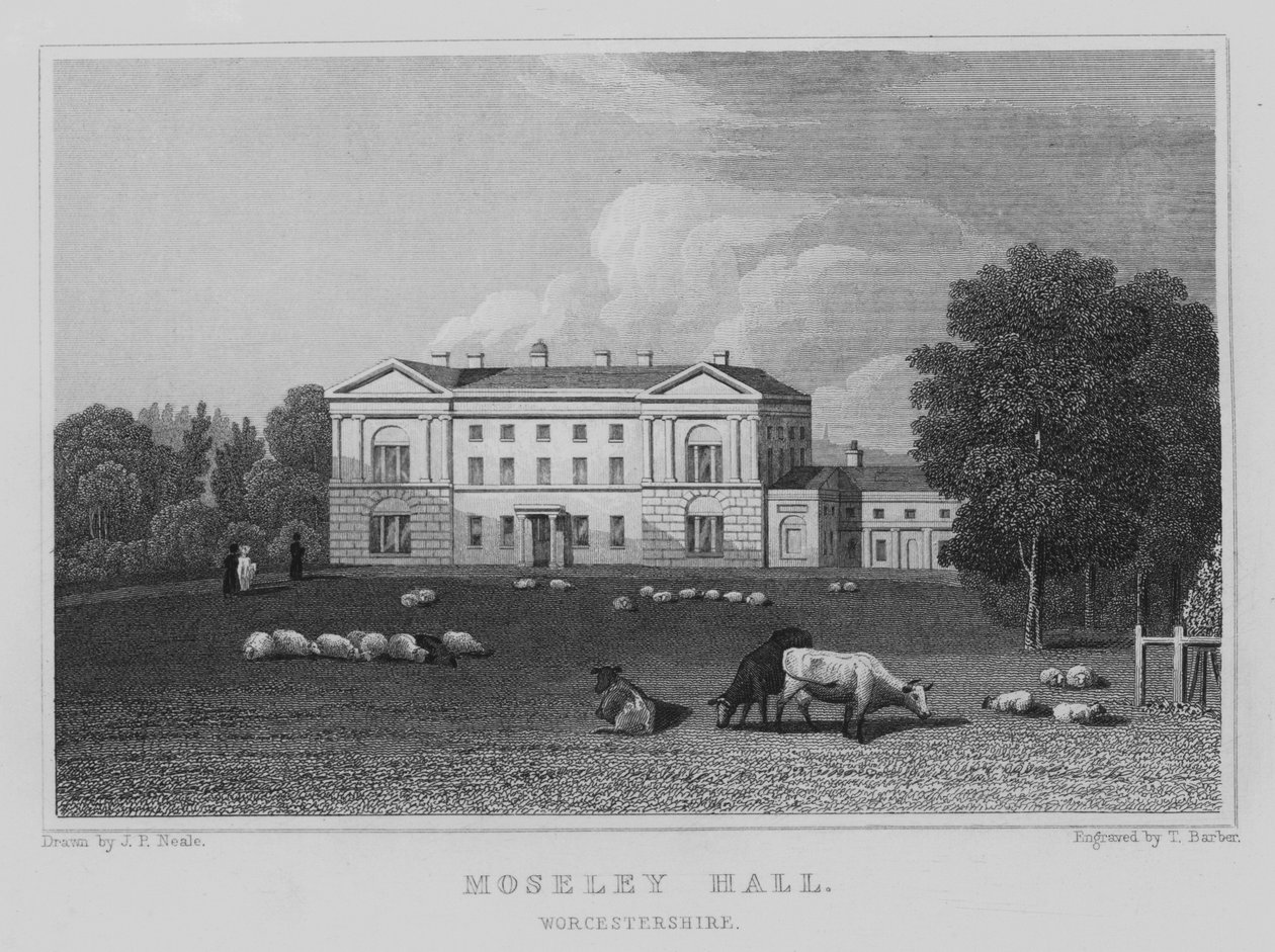 Moseley Hall, Worcestershire (grawerowanie) autorstwa John Preston Neale