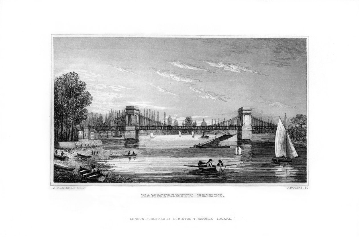 Hammersmith Bridge, Hammersmith, Londyn, 1829. autorstwa J. Rogers