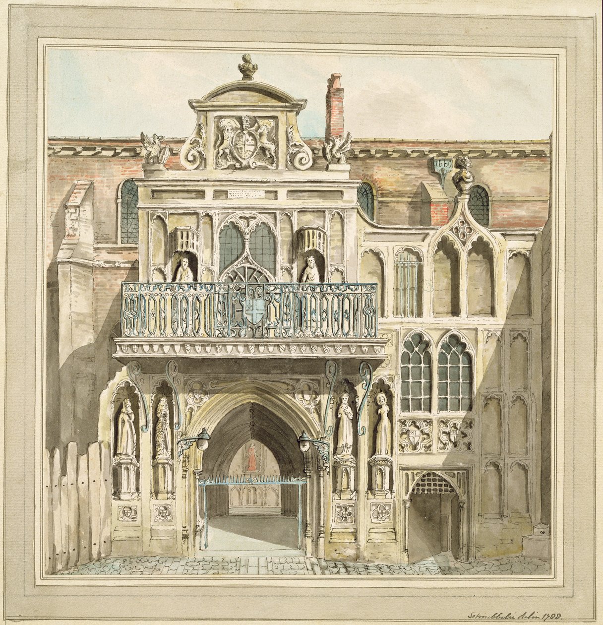 Stara fasada Guildhall, City of London, 1788 (tusz i wc) autorstwa Jacob Schnebbelie