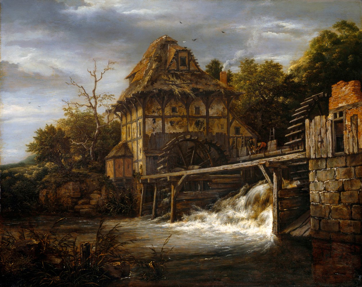 Dwa młyny wodne z podsiębieniem z mężczyznami otwierającymi śluzę autorstwa Jacob van Ruisdael