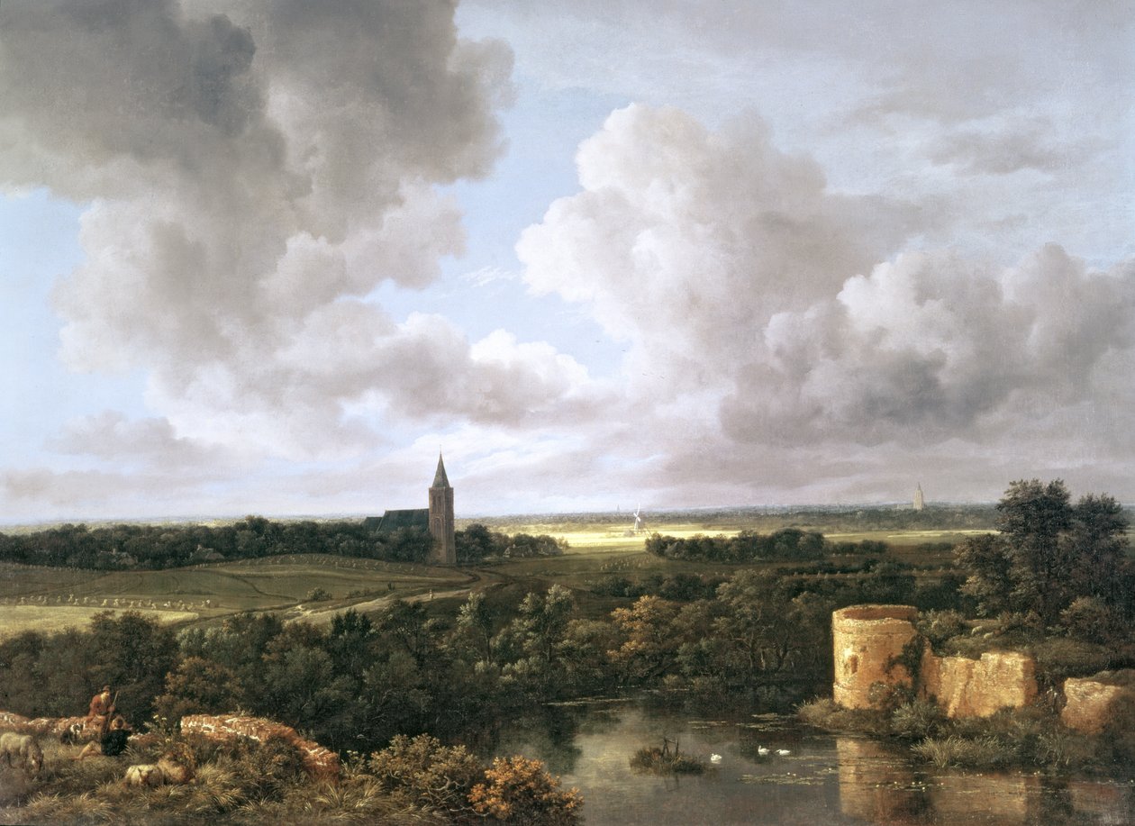 Krajobraz ze zrujnowanym zamkiem i kościołem, ok. 1665-70 autorstwa Jacob van Ruisdael