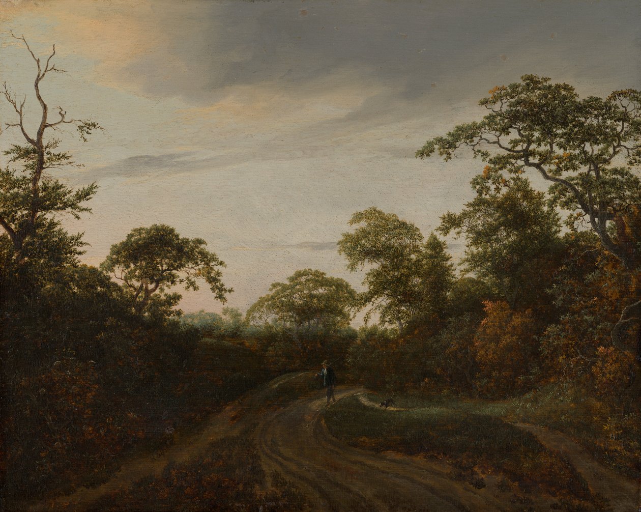 Droga w leśnym krajobrazie o zmierzchu autorstwa Jacob van Ruisdael