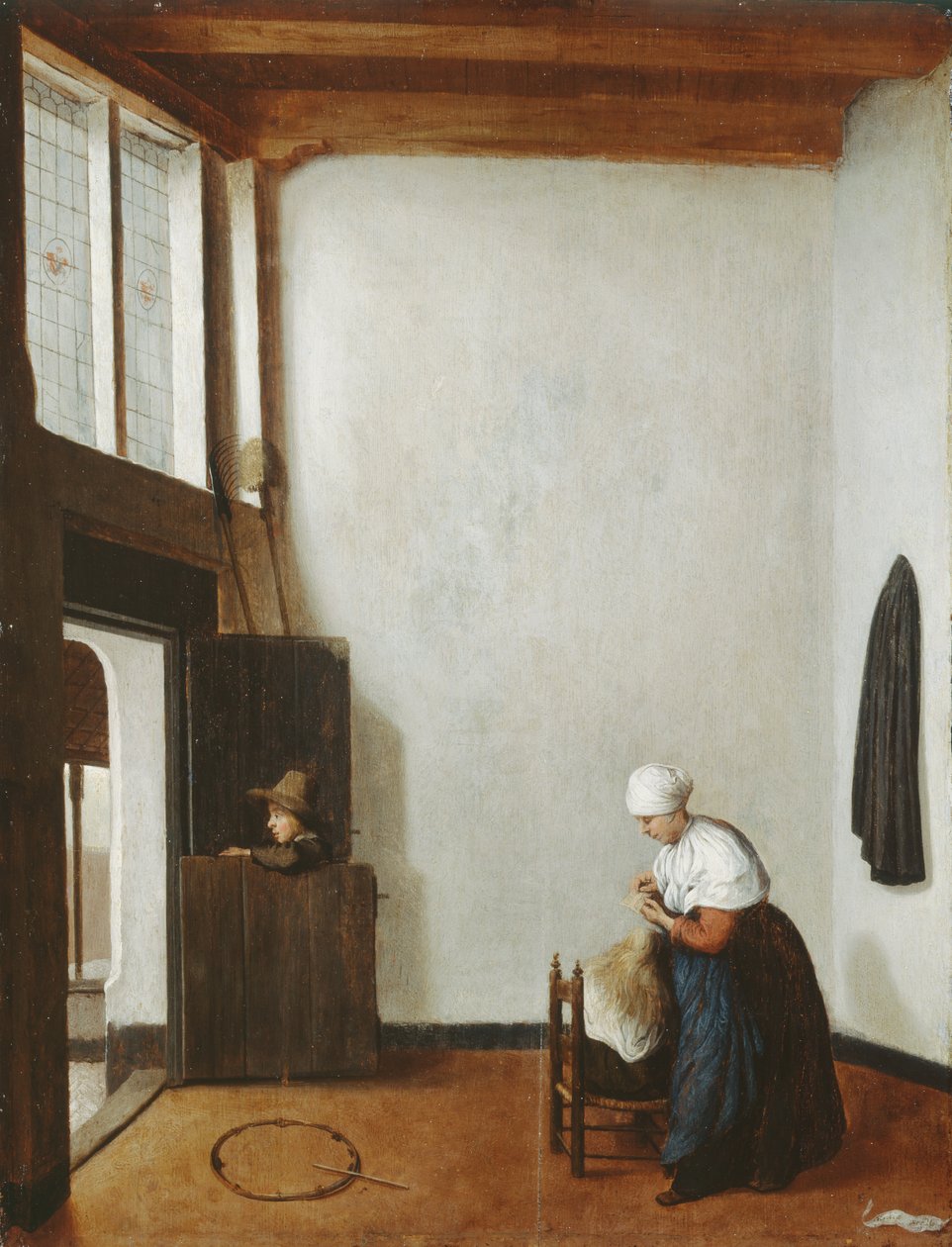 په کور کې د یوې ښځې سره د وړو نجونو ویښتان کنګل کوي، c.1662 (د بلوط په تخته کې تیل) پولی autorstwa Jacobus Vrel or Frel