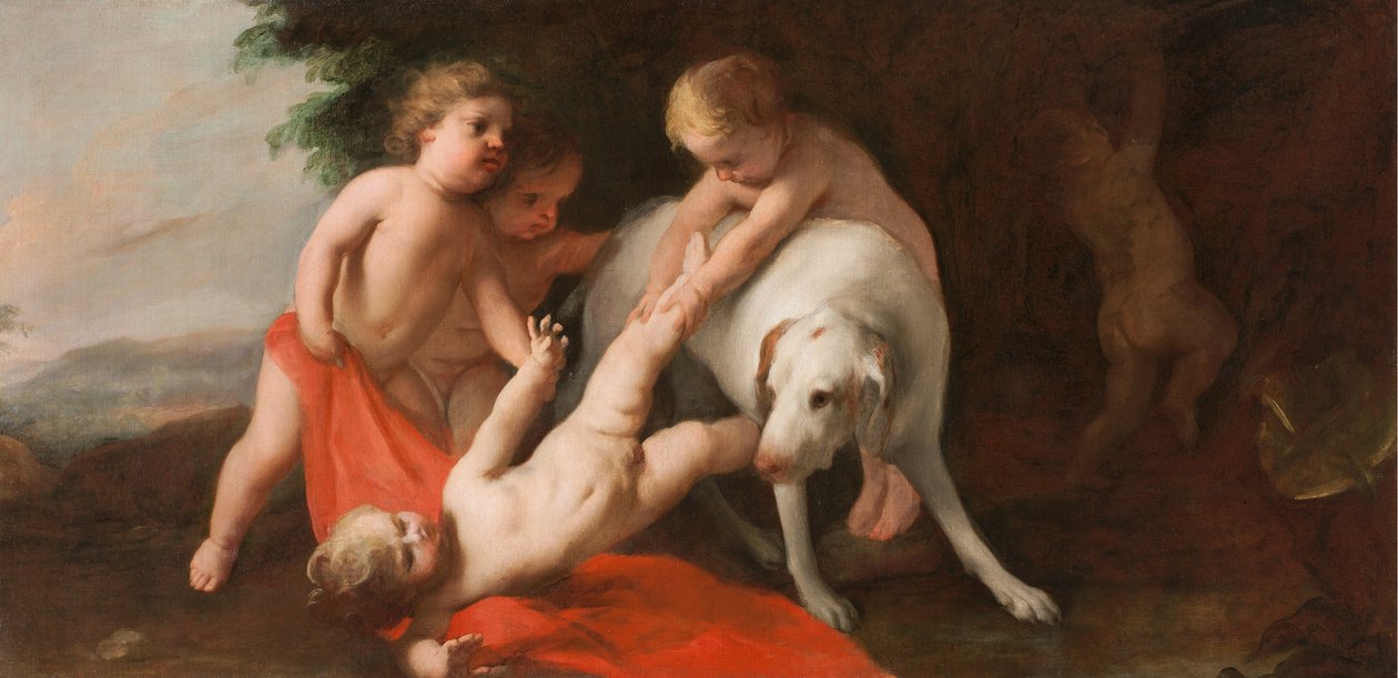 Putti bawi się z Psem autorstwa Jacopo Amigoni