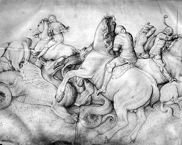 Walka ze smokami, ok. 1450 (atrament na welinie) autorstwa Jacopo Bellini