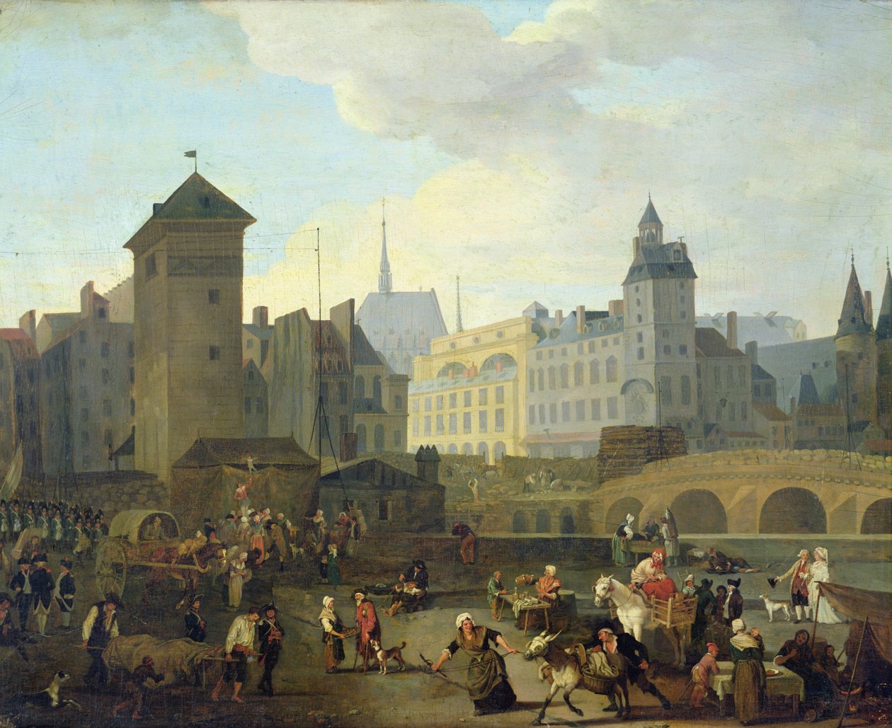Quai de Gesvres, pompa Palais i Notre Dame, ok. 1791 autorstwa Jacques Albert Senave