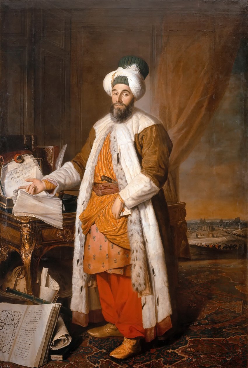 Portret Mehemeta Saida Pachy, beja Rumelii, ambasadora sułtana osmańskiego Mahmuda I w Wersalu, 1742 r. autorstwa Jacques Andre Joseph Camelot Aved