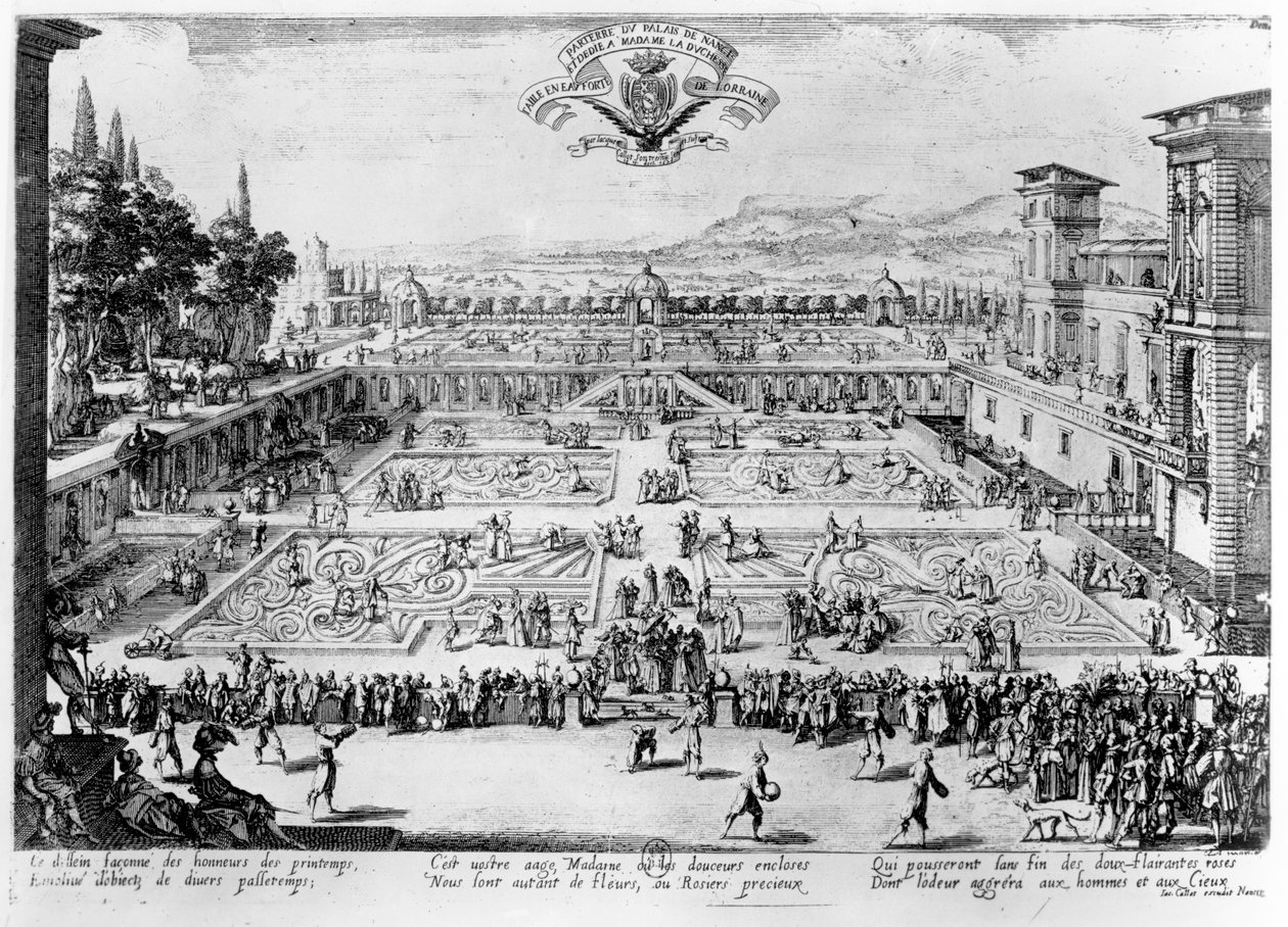 Ogród w Palais de Nancy, poświęcony księżnej Lotaryngii, 1624 autorstwa Jacques Callot