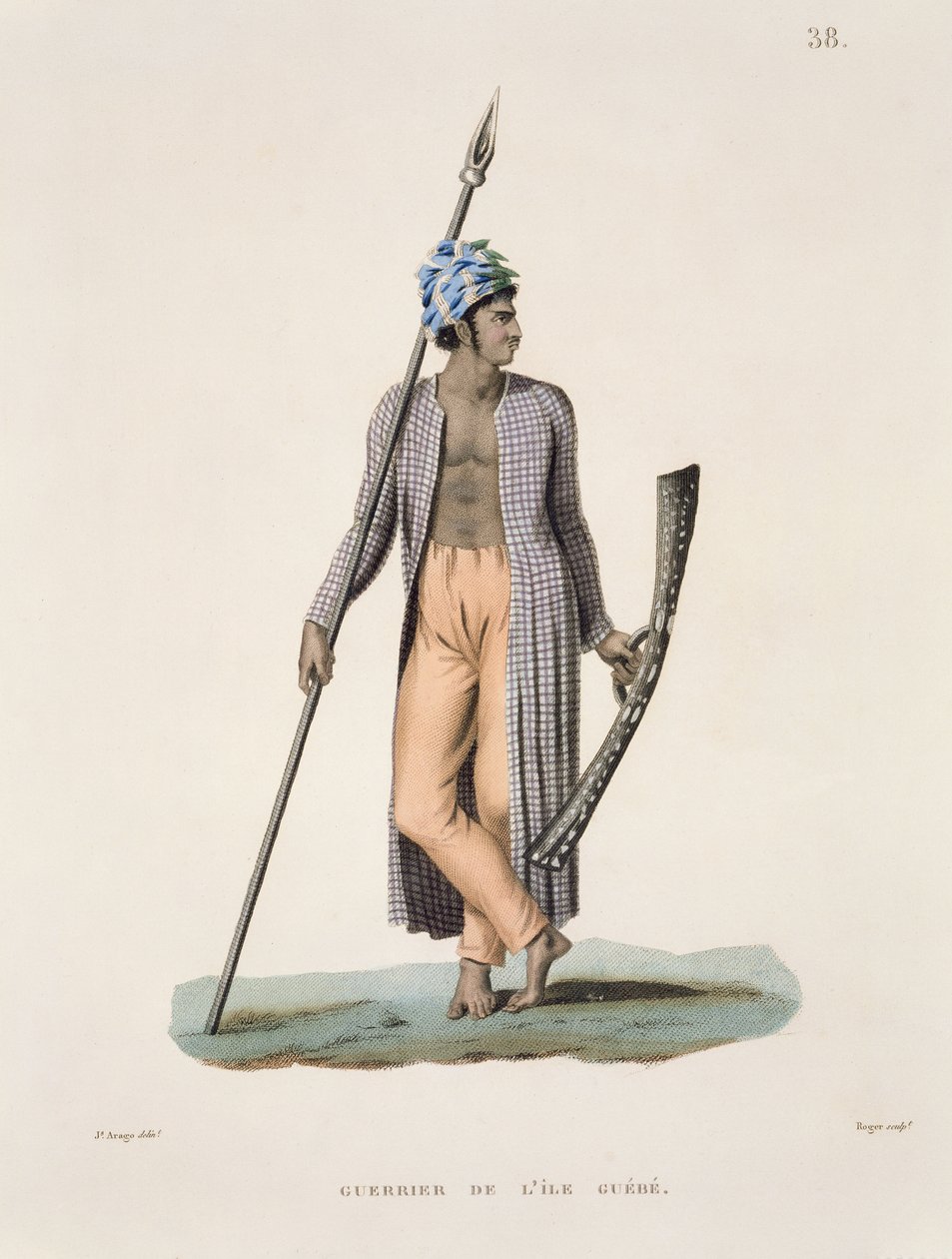 Wojownik z wyspy Guebe, z „Voyage autour du Monde (1817-20)”, Louis Claude Desaulses de Freycinet (1779-1842) ryty przez Rogera, opublikowany 1822-24 autorstwa Jacques Etienne Victor Arago