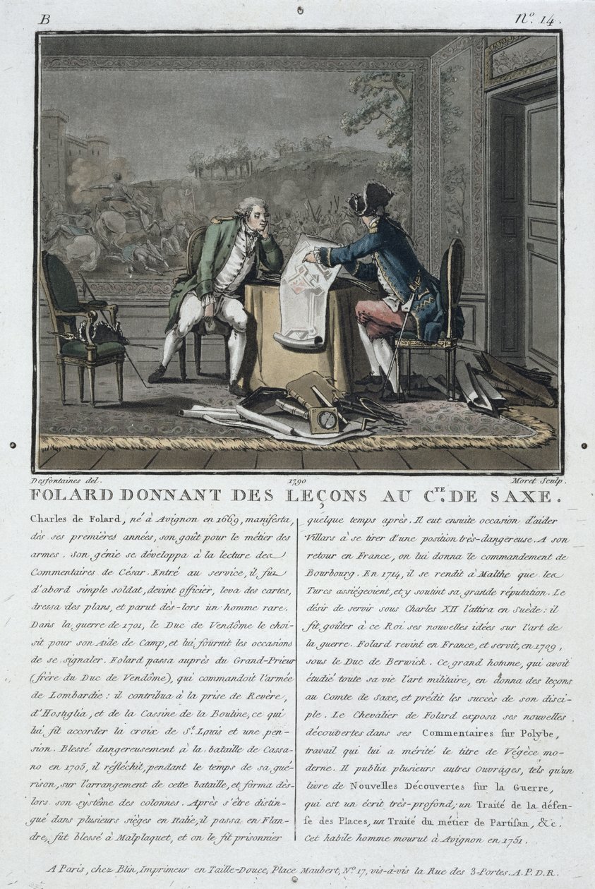 Karol, Chevalier de Folard (1699-1751) instruuje hrabiego Saksonii (1696-1750), sztychowany przez Jeana Baptiste Morreta (fl.1790-1820), 1790 autorstwa Jacques Francois Joseph Swebach